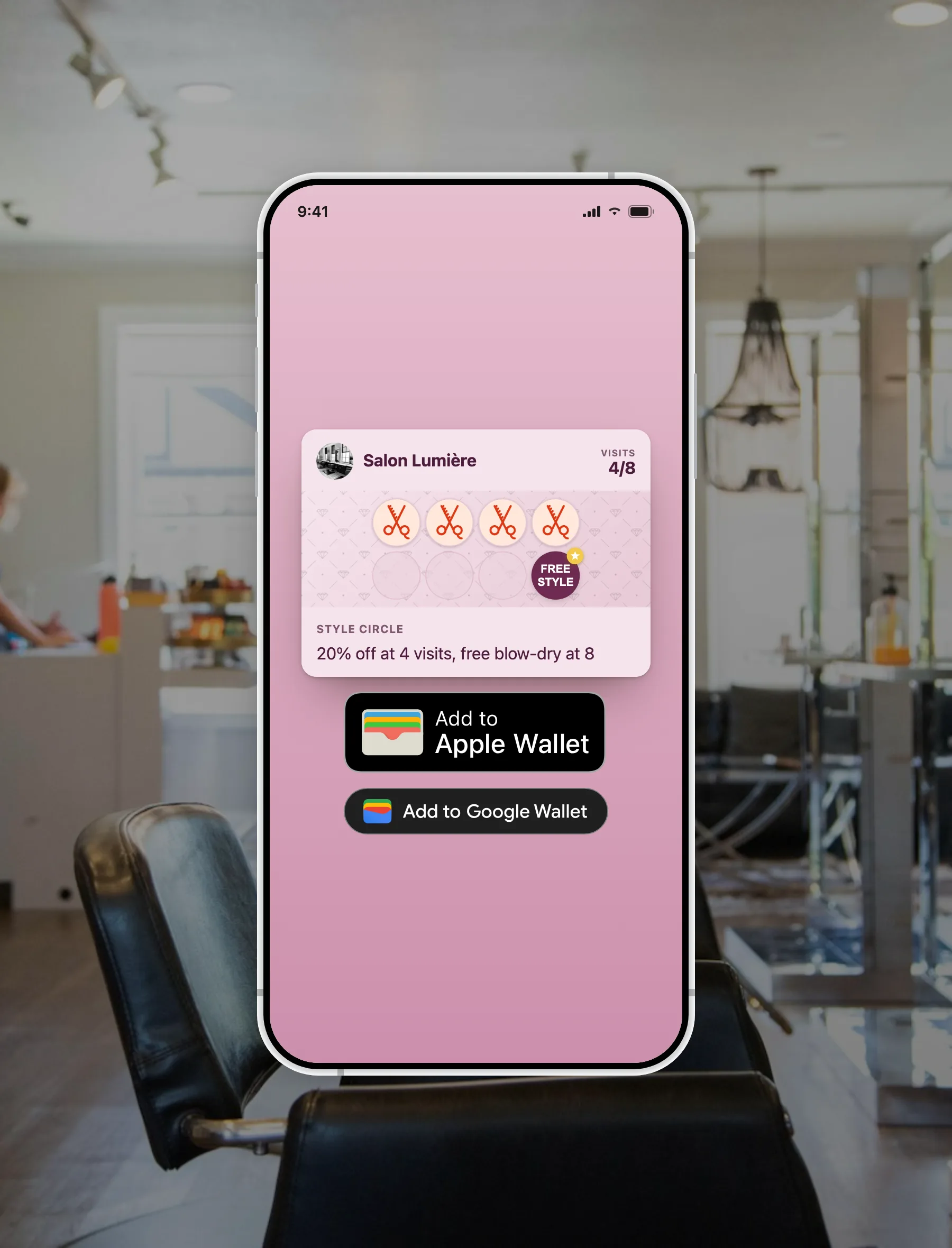 FaveCard digital hair salon loyalty card shown on a phone in a hair salon, with Add to Apple Wallet and Add to Google Wallet buttons and a stamp card at 4 of 8 visits toward a free blow-dry