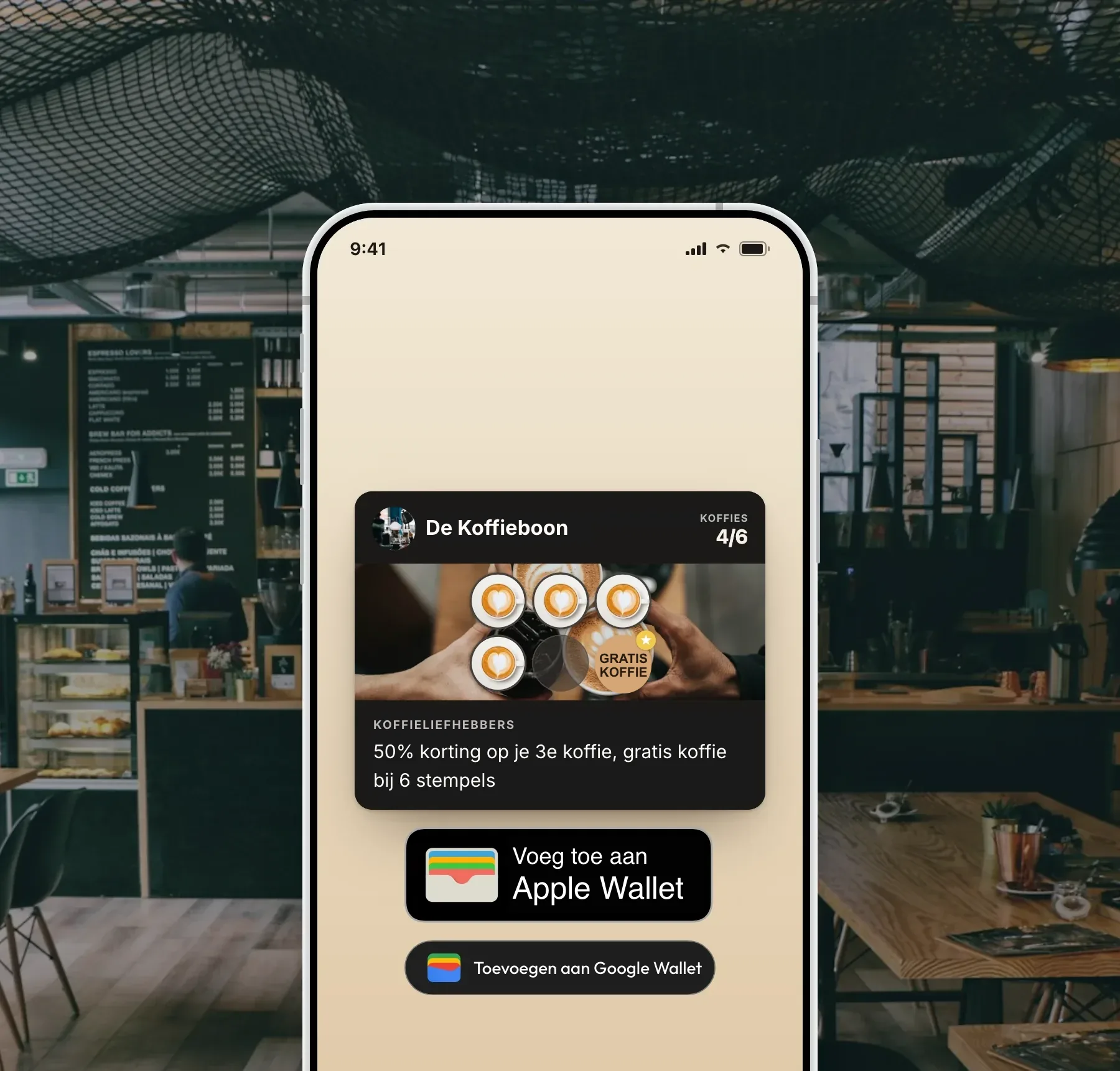 Een klantenkaart in de huisstijl van de zaak op een telefoon, met de knoppen Toevoegen aan Apple Wallet en Toevoegen aan Google Wallet