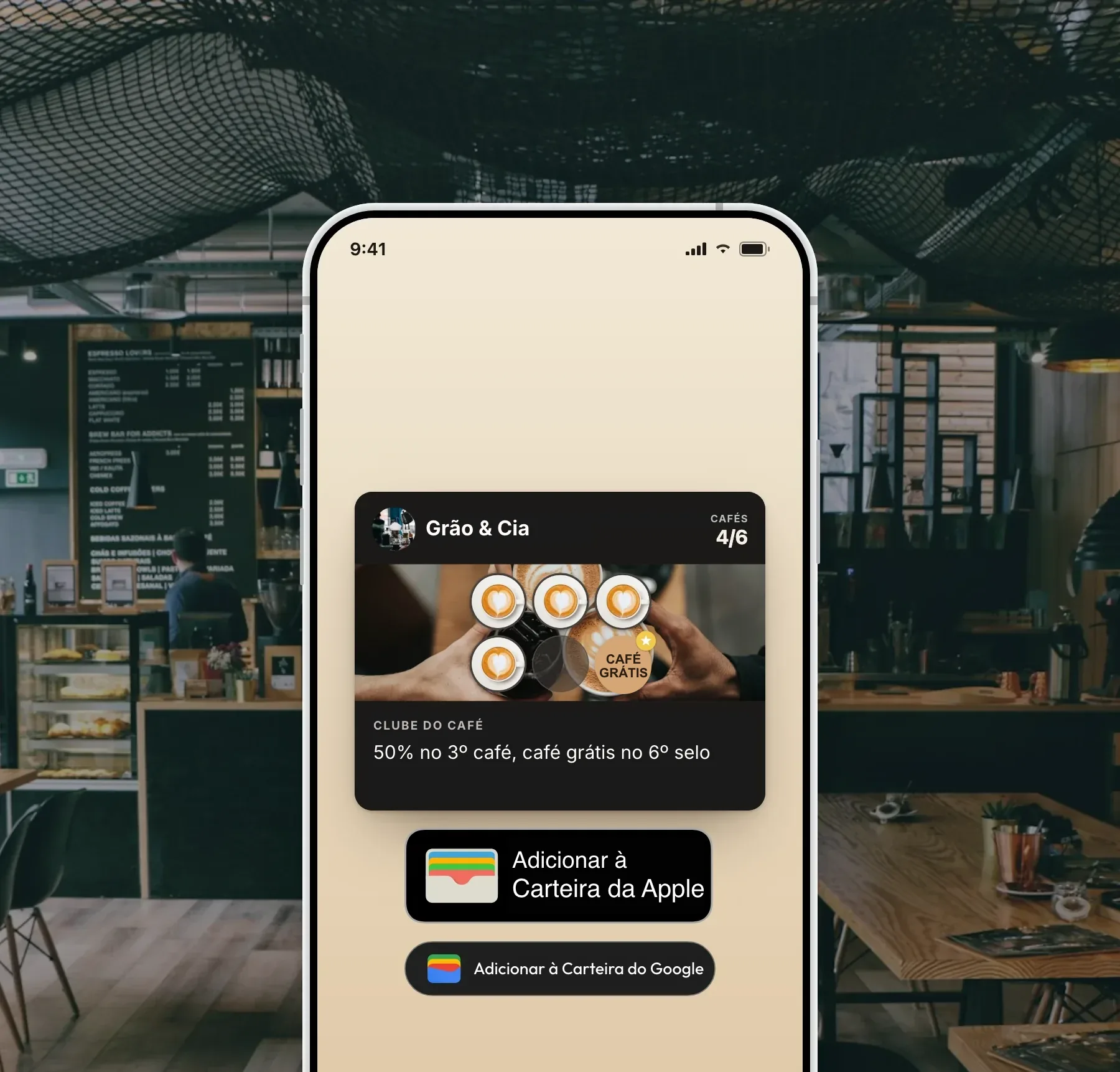 Um cartão fidelidade com a marca do negócio em um celular, com os botões Adicionar à Apple Wallet e Adicionar à Google Wallet