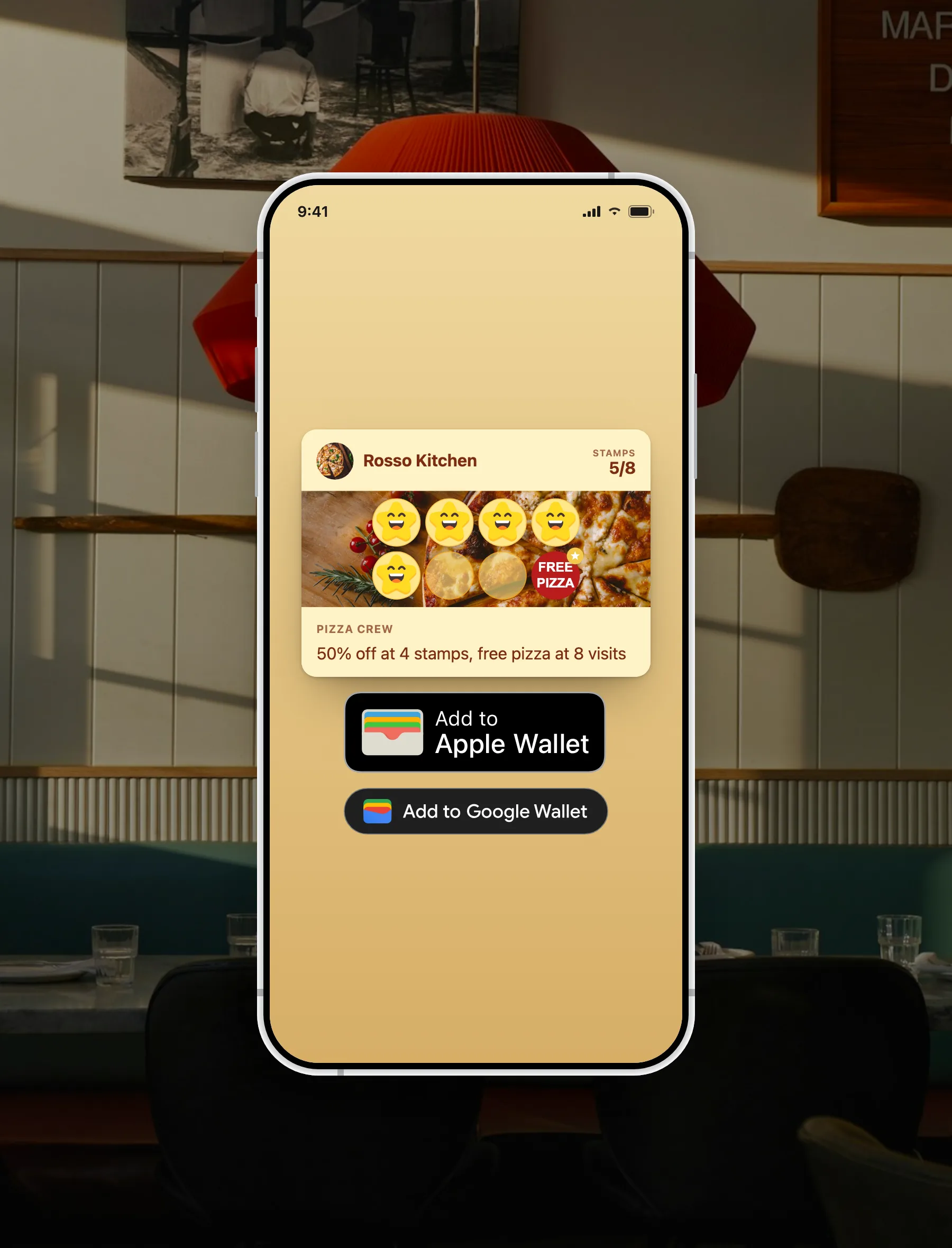 FaveCard digital restaurant loyalty card shown on a phone in a restaurant, with Add to Apple Wallet and Add to Google Wallet buttons and a stamp card at 5 of 8 visits toward a free pizza